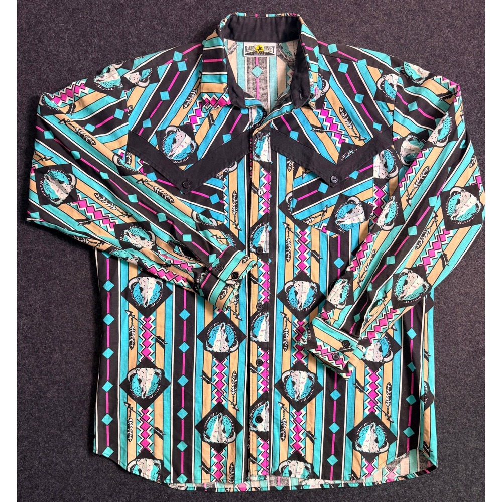 Vintage Dakota Sunset Western Shirt Buffalo Skull Print Made in USA Large